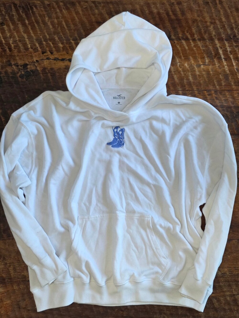 Hollister White Hoodie with Blue Boot Embroidery